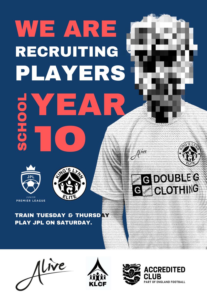 KingsLynnElite's tweet image. We are recruiting additional players for this season’s U15 @jpluk side (school YR10). We currently train on Tuesdays and Thursday @Lynnsport with games on Saturdays.

Looking for a new challenge alongside your grassroots football?

Contact: dan.buhlemann@alivewestnorfolk.co.uk