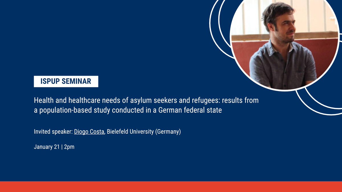 📢 New seminar alert! This Friday, don't miss another #ISPUP seminar on "Health and healthcare needs of asylum seekers and #refugees: results from a population-based study conducted in a German federal state".

For more info, please refer to ➡️ ispup.up.pt/evento/health-…