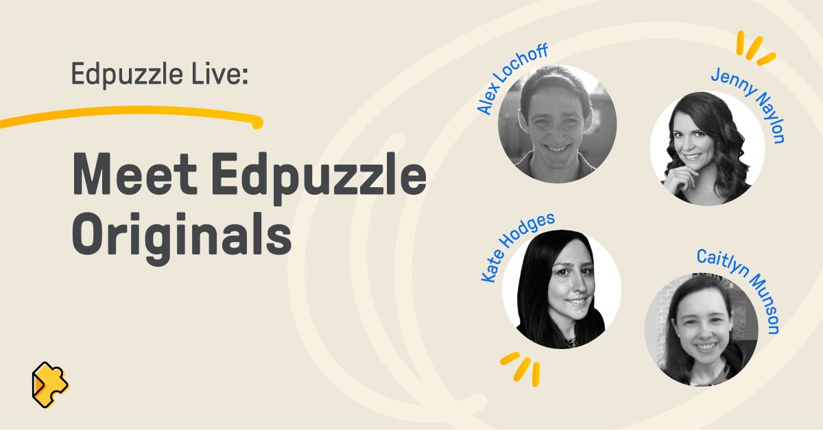👋 Hi Friends! 

Want to learn more about our newest feature, Edpuzzle Originals? Join @_KateHodges and <a href="/CaitlynMunson/">Caitlyn</a> and our Edpuzzle Curriculum Team panelists <a href="/AlexLochoff/">Alex Lochoff</a> and Jenny Naylon for a closer look! 👀 🧩 🎞

🔗bit.ly/3qCXYcy

#EdpuzzleLive #Edpuzzle #edtech