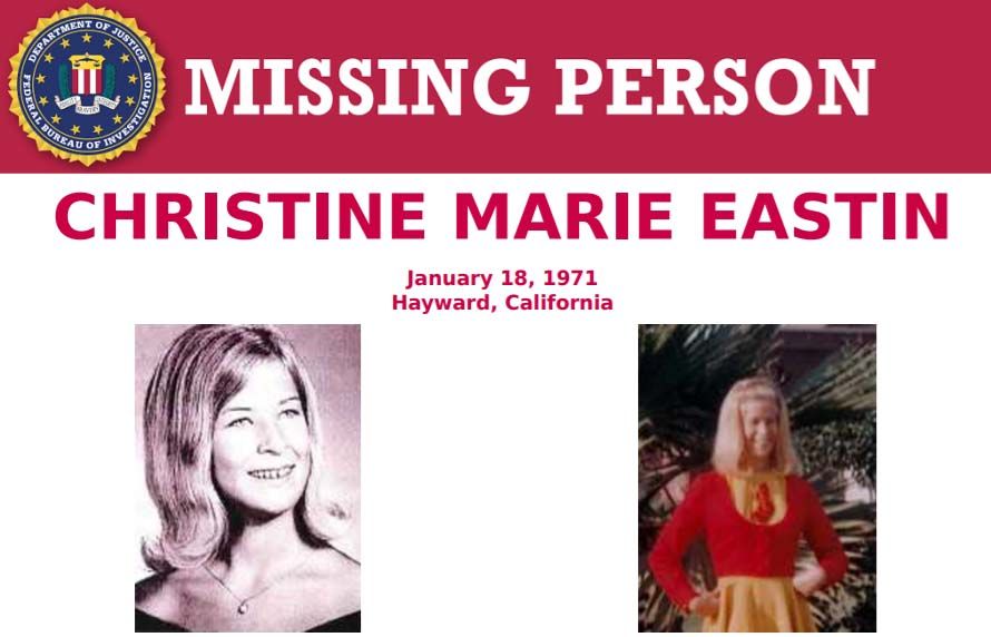 FBIMostWanted's tweet photo. Christine Marie Eastin went missing from Hayward, California, on January 18, 1971.  The vehicle she was driving was found at a local car wash with her purse locked inside.  Help the #FBI find her: https://t.co/7OpK99snuz https://t.co/HN16Rj45xh