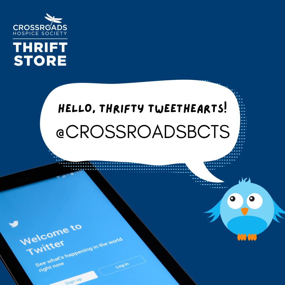 Calling all CROSSROADS HOSPICE THRIFT STORE FANS 💙 You can now follow the store’s new Twitter page <a href="/crossroadsbcts/">Crossroads Hospice Thrift Store</a>  and stay on top of our daily deals, store updates, &amp; fun thrifty content! See you there 👋