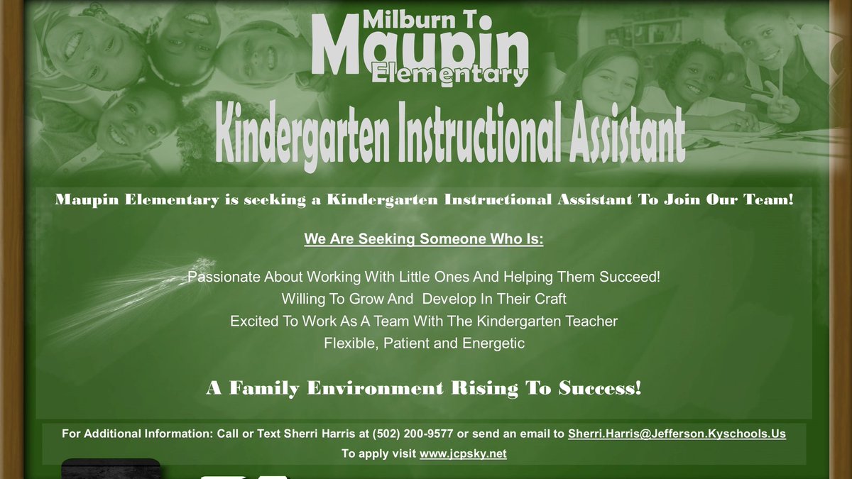 Maupin Elementary is currently looking for 3 inspired educators to join our team! Applications for Academic Instructional Coach, Kindergarten Teacher and Kindergarten Instructional Assistant.

Join Our Rocket To Success!🚀
#WeAreJCPS 

Apply on  jcpsky.net
