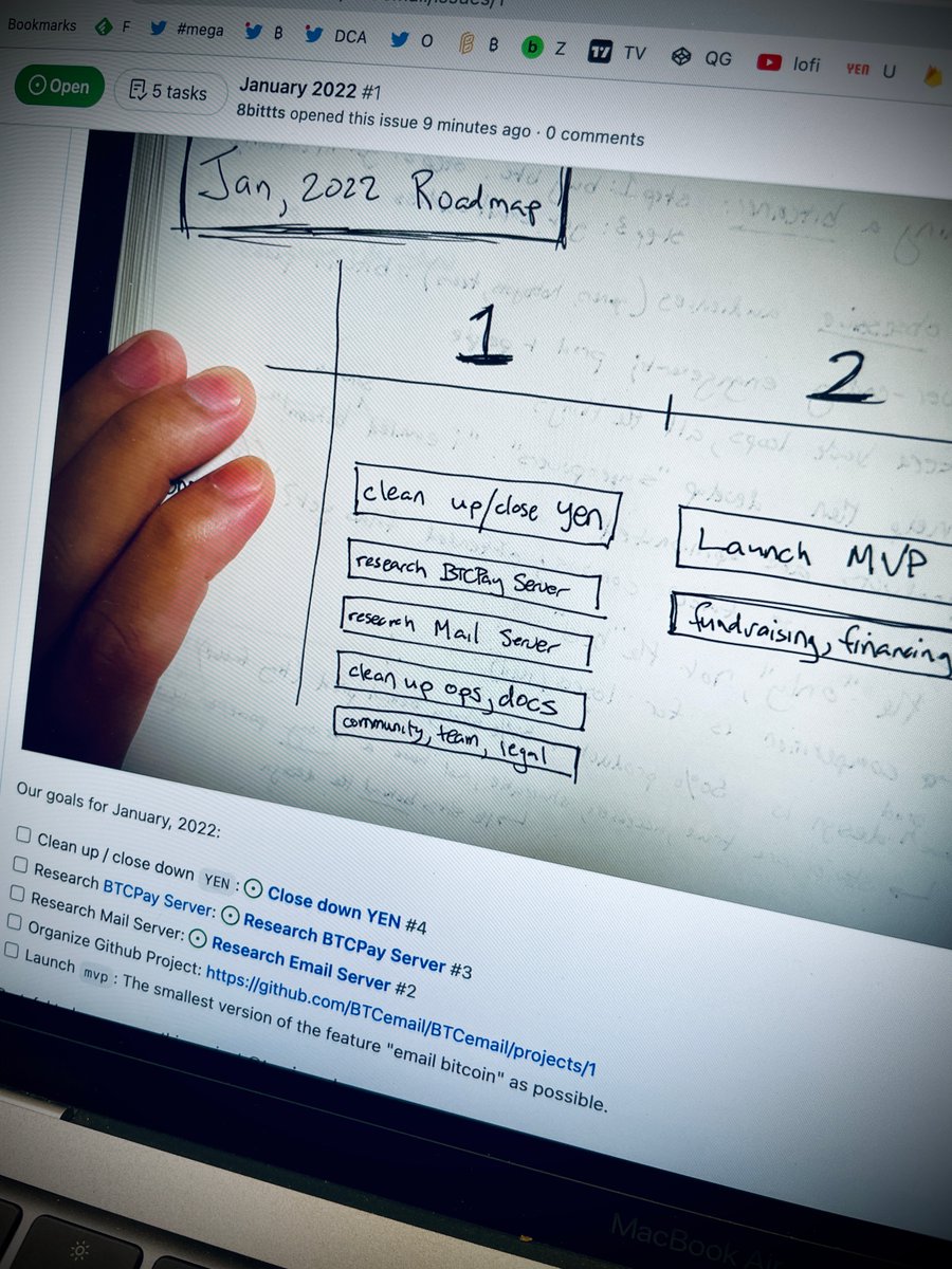 BTCemail's tweet photo. #dayzero + 6
Building out the high-level monthly roadmap to capture the main buckets of work and then assigning ownership, in 3 steps:
1. Draft in notebook
2. Share high-level as an issue in GitHub
3. Build out Kanban board
Then we get to work. https://t.co/NXY8PuvM3M