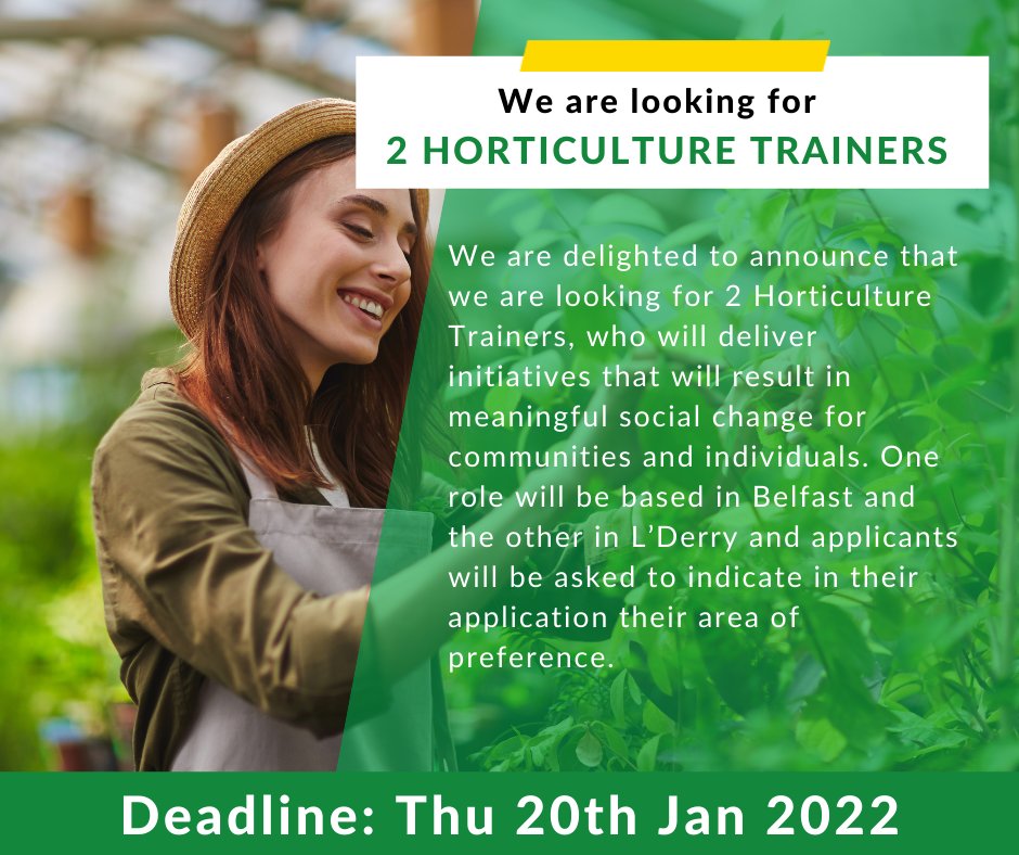 GroundworkNI's tweet photo. Less than 2 days to apply for one of our exciting roles! We are looking for a Project Lead, a Training & Transitions Officer, 2 Outreach Officers and 2 Horticulture Trainers
#JobsBelfast #JobsDerry #JobsLDerry #JobFairy #JobFairyNI #WorkinNorthernIreland #jobsni #nijobs https://t.co/DVOS0iP0Rw
