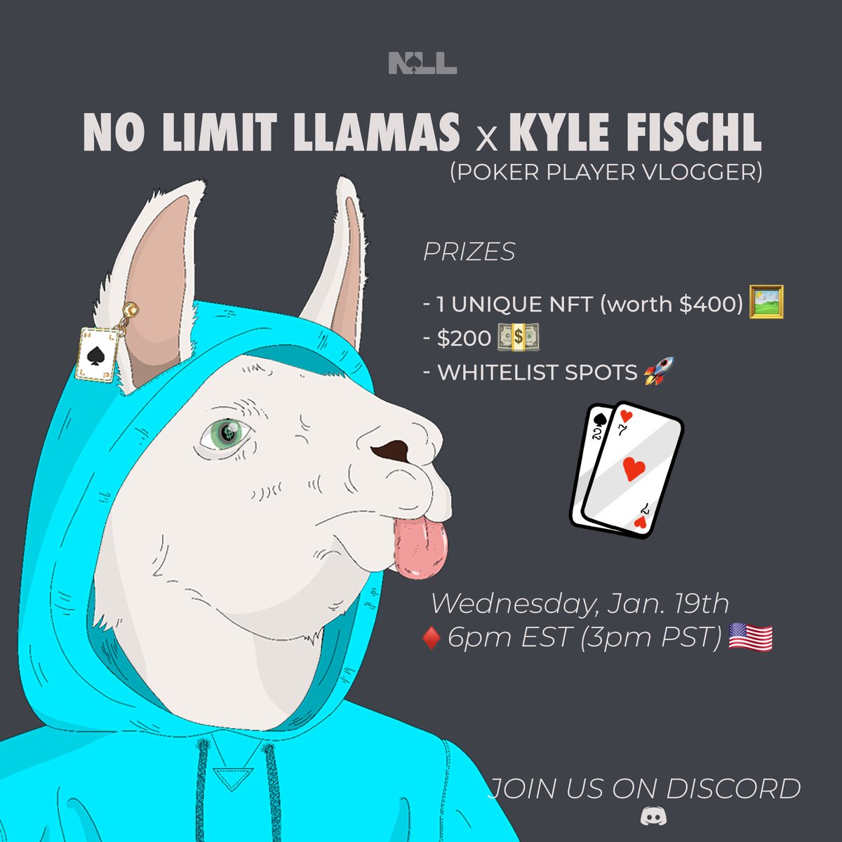 Play a free Poker tournament this Wednesday, 6pm EST 
with the poker vlogger <a href="/FischlKyle/">Kyle Fischl</a> 
♣️♦️♠️

Prize Pool :
One Llama NFT 🖼️
$200 💸
Whitelist spots 🚀

👉 discord.gg/vrUEr4Hb6w

#NFT #NFTcommunitiy #poker #pokeronline