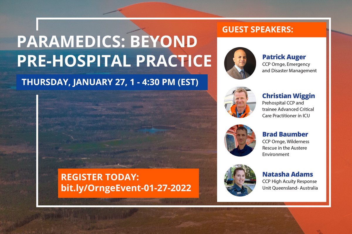On January 27, Ornge's Fellowship team will host a virtual event -- Paramedics: Beyond Pre-hospital Practice.

We have a great group of presenters discussing their perspectives on practice outside of traditional paramedicine roles.

🪧Register today: bit.ly/OrngeEvent-01-…