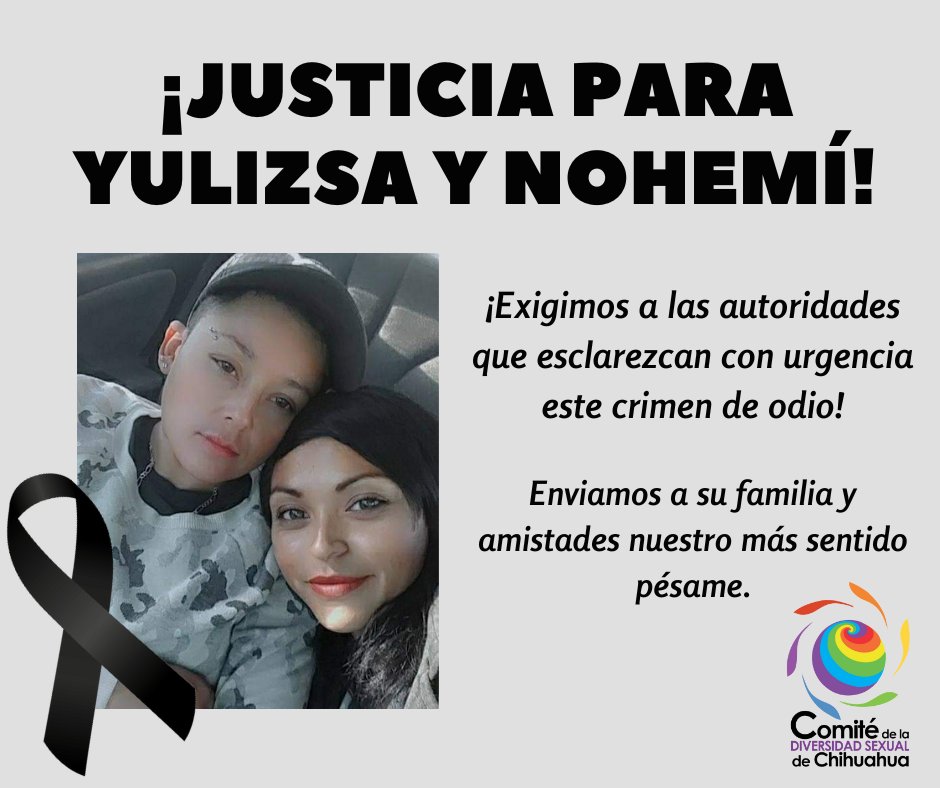 DiversidadChih's tweet photo. ¡Exigimos que se esclarezcan los feminicidios de Nohemí Medina Martínez y Yulizsa Ramírez!

Nohemí y Yulizsa eran pareja y tenían 3 hijos. Enviamos nuestras condolencias a la familia y amistades de ambas, estamos con ustedes.

@MaruCampos_G: ¡Justicia para Yulizsa y Nohemí! https://t.co/31CiREBSV2