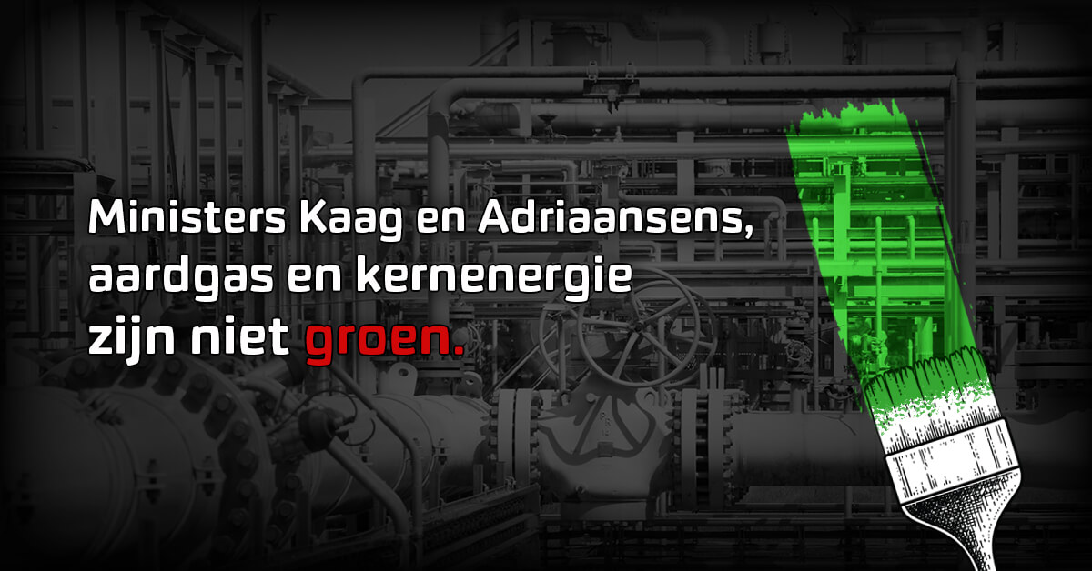 De EU wil aardgas en kernenergie een groen label geven. Maar dit leidt tot greenwashing. 

Wij roepen daarom <a href="/SigridKaag/">Sigrid Kaag</a> en <a href="/MinisterEZK/">Heleen Herbert</a> op om hier een stokje voor te steken. 👉 Doe mee en retweet! 

#taxonomie #greenwashing #StopFakeGreen

Meer info ⬇️

bit.ly/3nE6aYq