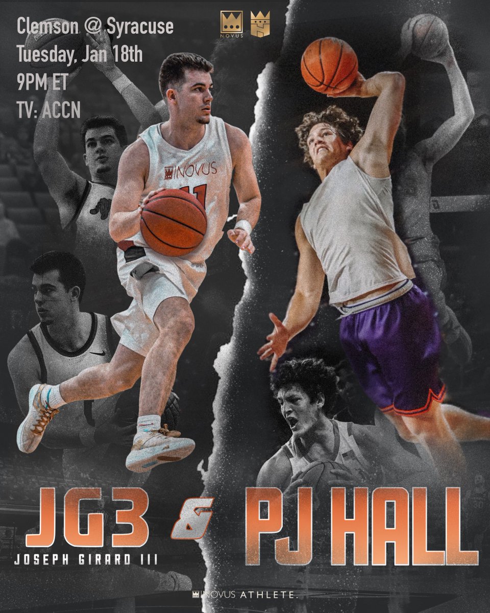 🚨CROWN CLAIMERS CLASH🚨 NOVUS Athlete's <a href="/JG3_____/">Joseph Girard III</a> and <a href="/pjhall020/">PJ Hall</a> are hitting the court together tonight! Clemson basketball is on the road to Syracuse to play at 9 p.m. in the Carrier Dome🏀 We're pumped to go to the game to cheer on two great athletes! #claimyourcrown