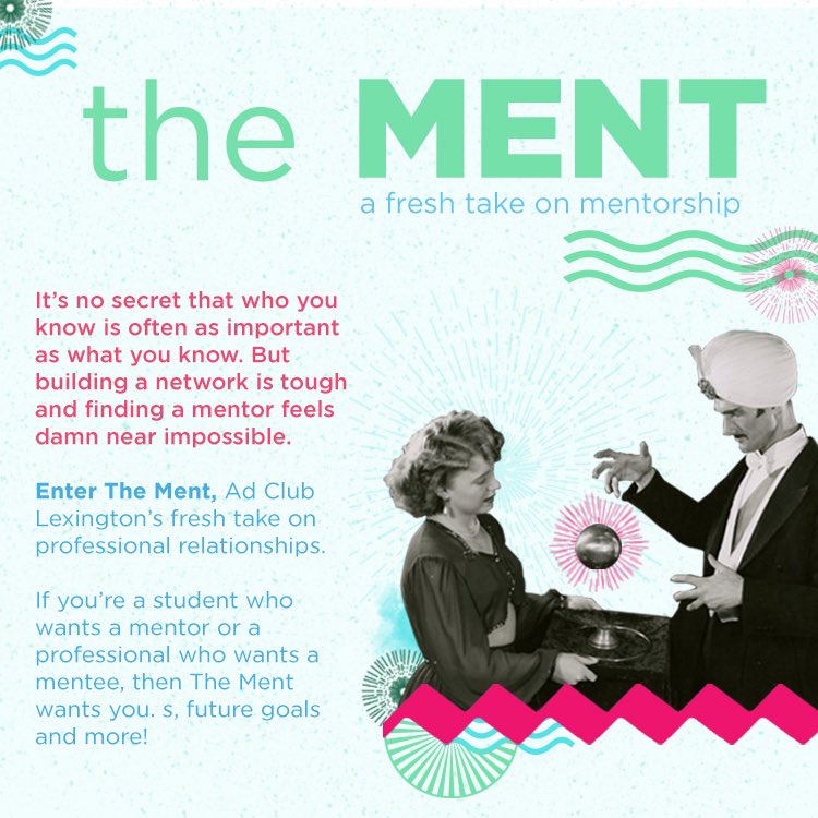 AAF_Lexington's tweet photo. It’s no secret that who you know is often as important as what you know. But building a network is tough and finding a mentor feels damn near impossible. 
 
Enter The Ment, Ad Club Lexington’s fresh take on professional relationships. https://t.co/Vx17JQXBHg