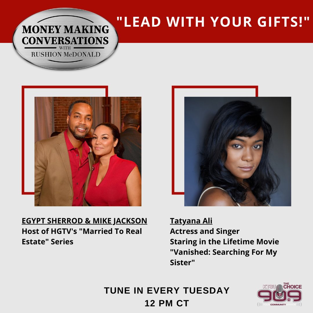 officialKTSU909's tweet photo. Listen Today! 💰 #MoneyMakingConversations With Your Host @Rushionmcdonald And Special Guests #EgyptSherrod &amp; #MikeJackson and #TatyanaAli 👇🏾 Download the KTSU Mobile APP! 📲 Tune In Every Tuesday Only On #TheChoice KTSU 90.9FM! #KTSU #RushionMcDonald #KTSUradio #money https://t.co/Njhjwnh7qb