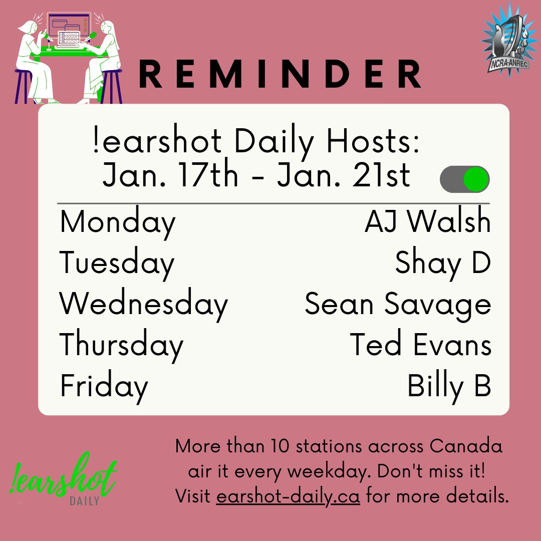 Look forward to hearing some amazing songs from artists like <a href="/themixsessions/">Sean Savage</a>, <a href="/ryanhemsworth/">ryan</a>, <a href="/robinhatch/">Robin Hatch</a>, @Melotikamusic, <a href="/themaxwraptor/">Lawrence Maxwell</a>, <a href="/bensures/">bensures</a>, <a href="/arih_sk/">Arih SK</a>  and more being played this week on daily.ncra.ca/?page_id=40  🎵📻
#earshotdistro #earshotdaily #radio #canadianartist