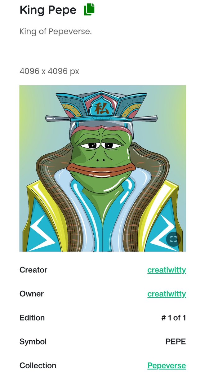CreatiWittty's tweet photo. Pepeverse collection on @kalamint_io 

1/1
Available for 77 $XTZ

https://t.co/2ge8ZQcvOP

#kala777 #kalamint777 #pepe https://t.co/Fop5iRIBAg