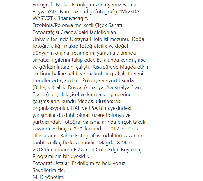 Değerli Üyelerimiz ve Fotoğraf dostlarımız;
20 Ocak 2022 Perşembe günü saat 19:00'da
Fotoğraf Ustaları Etkinliğimizde üyemiz Fatma Beyza YALÇIN'ın hazırladığı fotoğrafçı ''MAGDA WASİCZEK''i tanıyacağız. #fotograf #mersinfotografdernegi #mfd #mersin #Turkiye