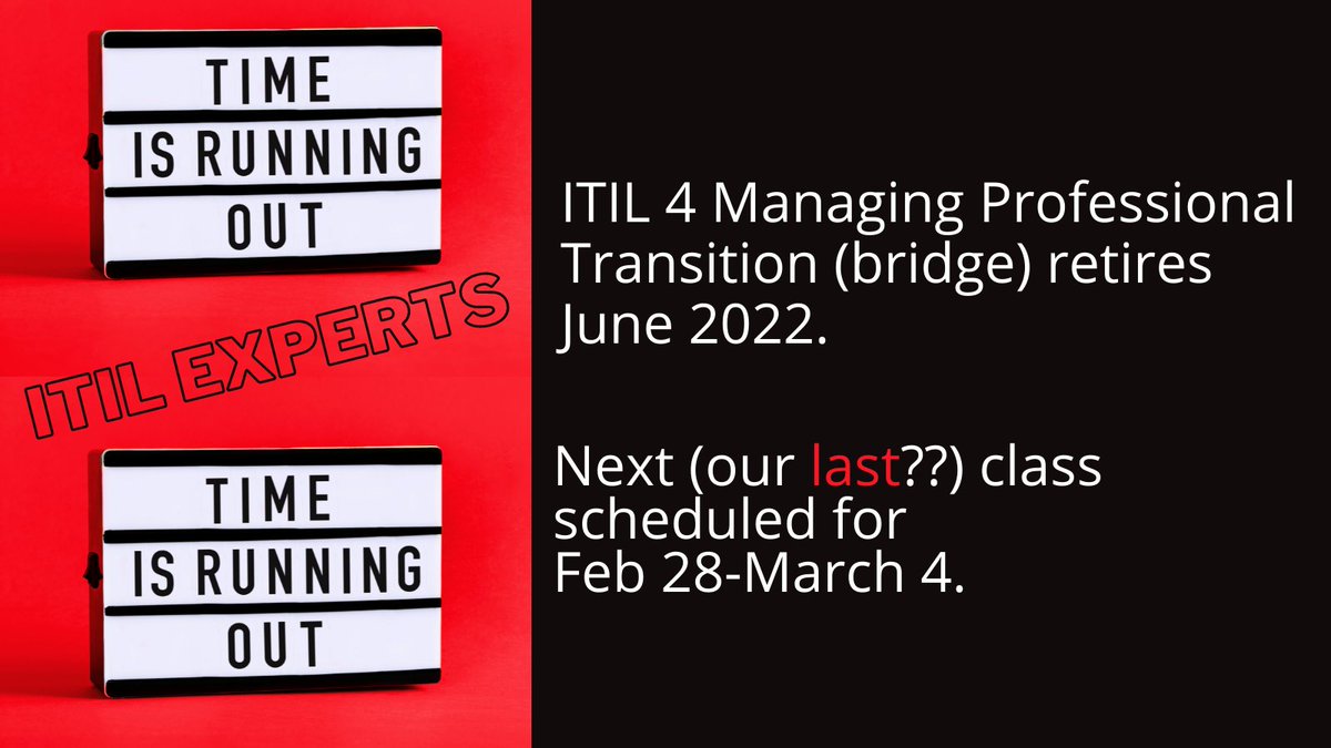 ⏰ #ITILExperts - Time is Running Out!
Our next #ITIL4 Managing Professional Bridge is Guaranteed to Run 
Amazing Instructors with a GREAT pass rate, helping our alumni become #ITILManagingProfessionals  
#joinus itsmacademy.com/mpt