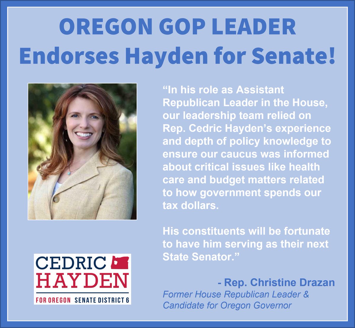 It’s been an honor to serve fellow rural Oregonians in the legislature these last four terms. Thank you Rep. Drazan for your support of Team Hayden’s Senate District 6 commitment, much appreciated.             Join us, Hayden For Oregon.