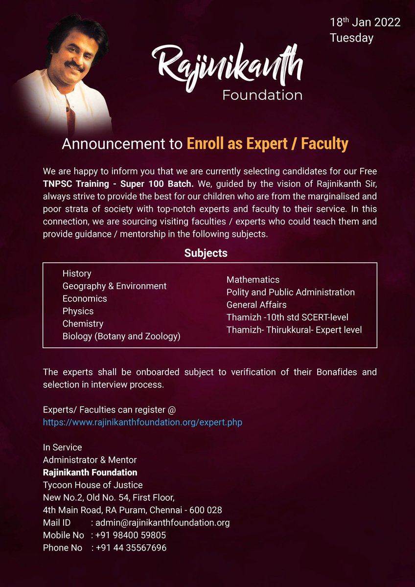 Rajinikanth Foundation Official (@rajinikanthfo) on Twitter photo Please share 🙏🙏. Enroll as expert/ faculty @ rajinikanthfoundation.org/expert.php . God Bless, God Speed. <a href="/rajinikanth/">Rajinikanth</a> <a href="/sathyakumar_in/">Dr. M. Sathya Kumar</a> <a href="/SudhakarVM/">Sudhakar</a> <a href="/officialairrm/">அகில இந்திய ரஜினிகாந்த் ரசிகர் நற்பணி மன்றம்</a> Please share 🙏🙏. Enroll as expert/ faculty @ rajinikanthfoundation.org/expert.php . God Bless, God Speed. <a href="/rajinikanth/">Rajinikanth</a> <a href="/sathyakumar_in/">Dr. M. Sathya Kumar</a> <a href="/SudhakarVM/">Sudhakar</a> <a href="/officialairrm/">அகில இந்திய ரஜினிகாந்த் ரசிகர் நற்பணி மன்றம்</a>