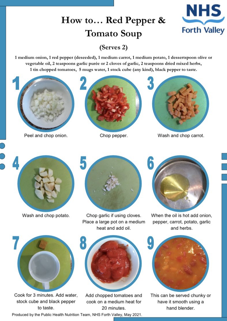 Murray1Pamela's tweet photo. It’s #NationalSoupMonth - no better time to heat yourself up with a bowl of wholesome #soup  🍲 The Public Health Nutrition Team @NHSForthValley have produced some easy to follow, picture recipes and cook a long videos to help you get started  👉👉 visit https://t.co/SAdVvNLiHB https://t.co/ZE9C0M4s4q