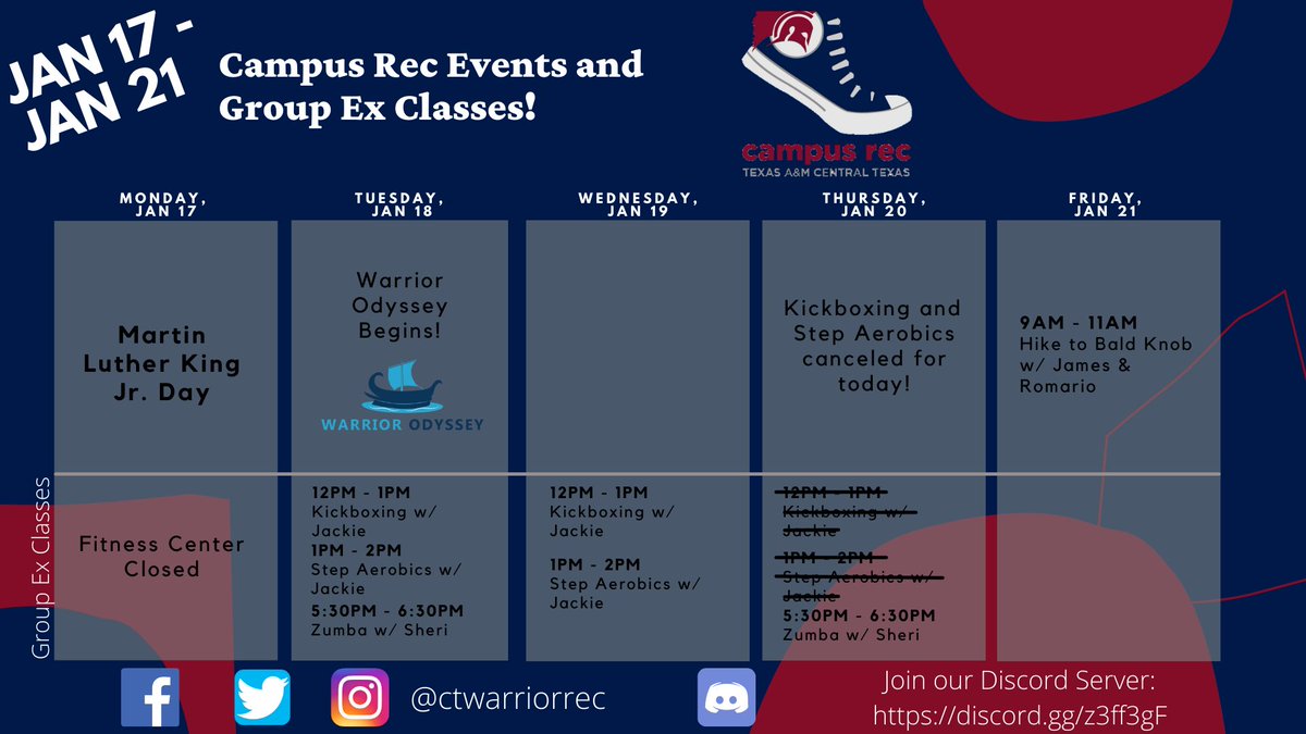 Welcome back Warriors! Hope you all had a good holiday break!

Here's the events TAMUCT Campus Recreation is offering this week! 

Chat with us directly by joining our Discord server! discord.gg/z3ff3gF

#tamuct #getRECd