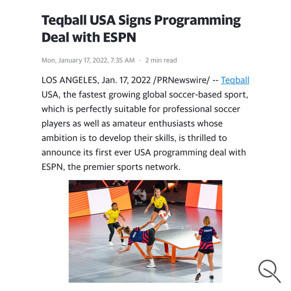 USNTF's tweet photo. 🚨 @Teqball USA has signed a one-year broadcast deal with @ESPN. The network will carry all 12 USA Teqball Tour events live on ESPN3, and a half-dozen taped highlight shows airing on ESPN2 and ESPNU. 🚨

Read about it here:
https://t.co/gK5YPnC1vz https://t.co/SEjZOgxZsb