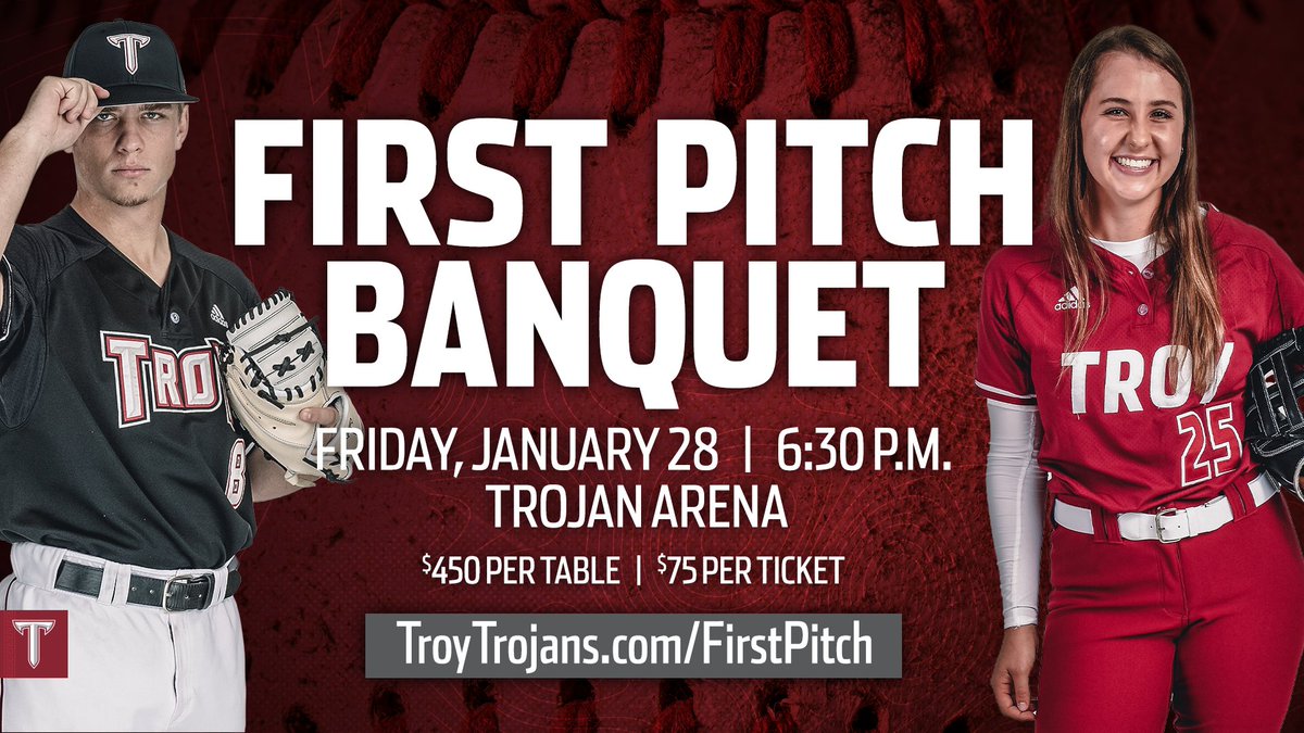 Tickets are going fast for our inaugural First Pitch Banquet on January 28th! Make sure you get yours in time. All proceeds from this event will go towards @TroyTrojansBSB & @TroyTrojansSB! For your ticket, click the 🎟️ below! 🎟️ - Troytrojans.com/FirstPitch #OneTROY ⚔️