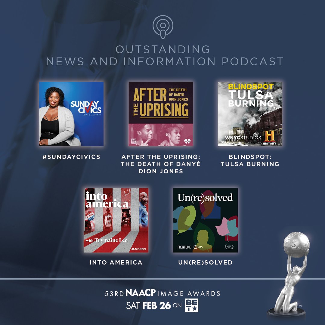 Congratulations 53rd #NAACPImageAwards nominees for Outstanding Podcast (News & Information):
@SundayCivics - @ljoywilliams
After the Uprising: The Death of Danyé Dion Jones - @iHeartPodcasts
Blindspot: Tulsa Burning - @HISTORY @Kala_curious
@intoamericapod #Unresolved - @PBS