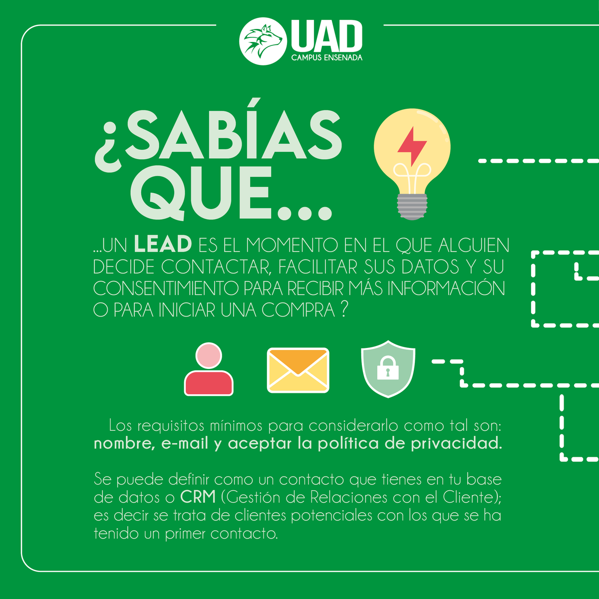 UADEnsenada's tweet photo. Atraer nuevos clientes es uno de los principales retos que enfrentan las empresas diariamente, es por eso que la “generación de leads” es la base de una estrategia de marketing digital.
Conoce más estudiando la licenciatura en Administración de la Mercadotecnia.

#SomosLobos #UAD https://t.co/g79eOkjsfh