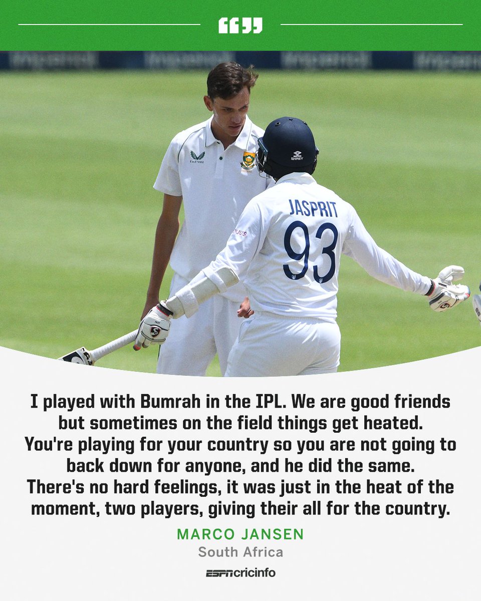 cricinfo's tweet photo. Things got a bit heated between Marco Jansen and Jasprit Bumrah at the Wanderers, but the South African insists there’s no hard feelings 🔥

👉 https://t.co/12eJMcxBlT https://t.co/Iz1AMOxUXw