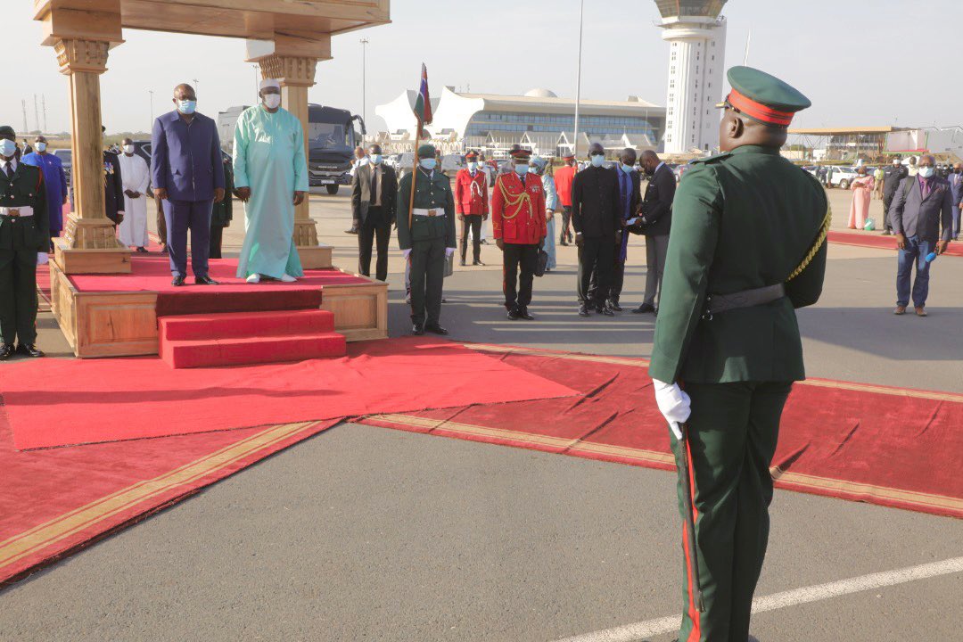 Presidency_GMB's tweet photo. The President of the Republic of Guinea-Bissau, @USEmbalo, is the first Head of the State to arrive at the Banjul International Airport for #BarrowInauguration2022 https://t.co/WHbgMvTbIo