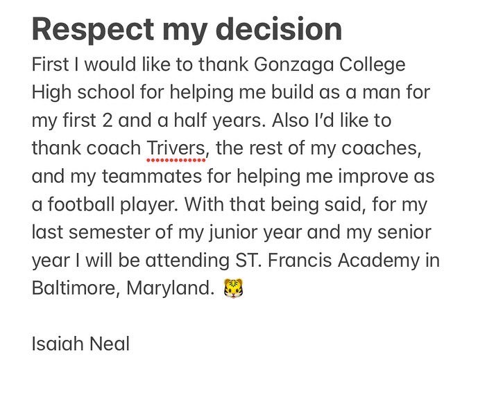 IsaiahNeal99's tweet photo. Please respect my decision! Best move for me https://t.co/mefOPJmdgz