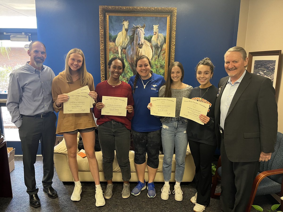 FHS celebrates with our All State Volleyball players! Awesome achievement! Congrats Sarah, Sarah, Coach Paulk, Kate &amp; Bianca! Mustang Pride! #BetterTogether ⁦<a href="/fhsmustangs/">Friendswood High School</a>⁩ ⁦<a href="/FwoodVolleyball/">Friendswood VB</a>⁩ ⁦<a href="/friendswoodisd/">Friendswood ISD</a>⁩