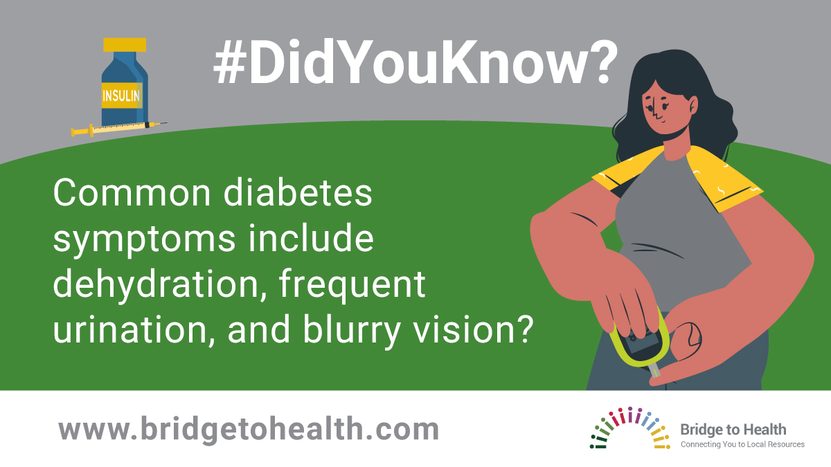 Knowing the signs of diabetes can save you in the future. #DidYouKnow common symptoms include dehydration, frequent urination, and blurry vision? To learn more about diabetes management &amp; prevention, visit our website!
bridgetohealth.com/helpful-materi…