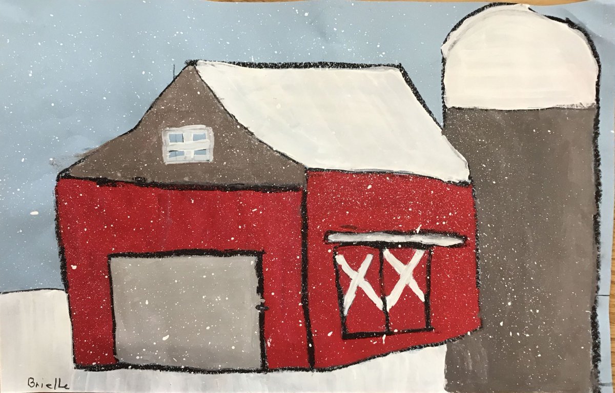 3rd graders at <a href="/goodhueschool/">Goodhue School</a> learned about six different barn types and barn roof-lines to complete these winter paintings in perspective. Aren't they stunning?! Check out work from Henry, Tomas, Skyler, and Brielle! 🤩🤩#goodhueschool #elementaryart