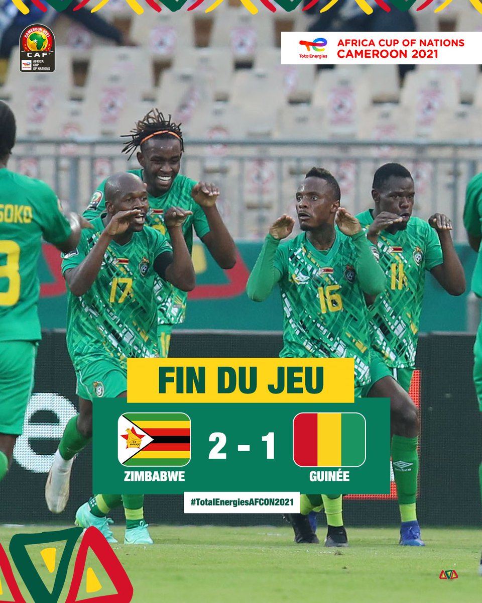 caf_online_FR's tweet photo. FIN DU JEU ! ⏰
#TeamZimbabwe 2-1 #TeamGuinea
Les “Warriors” s’imposent pour la première fois #TotalEnergiesAFCON depuis 16 ans face à la Guinée ⚔️
#TotalEnergiesAFCON2021 | #CAN2021 | #ZWEGIN https://t.co/JmbFwPvcX1