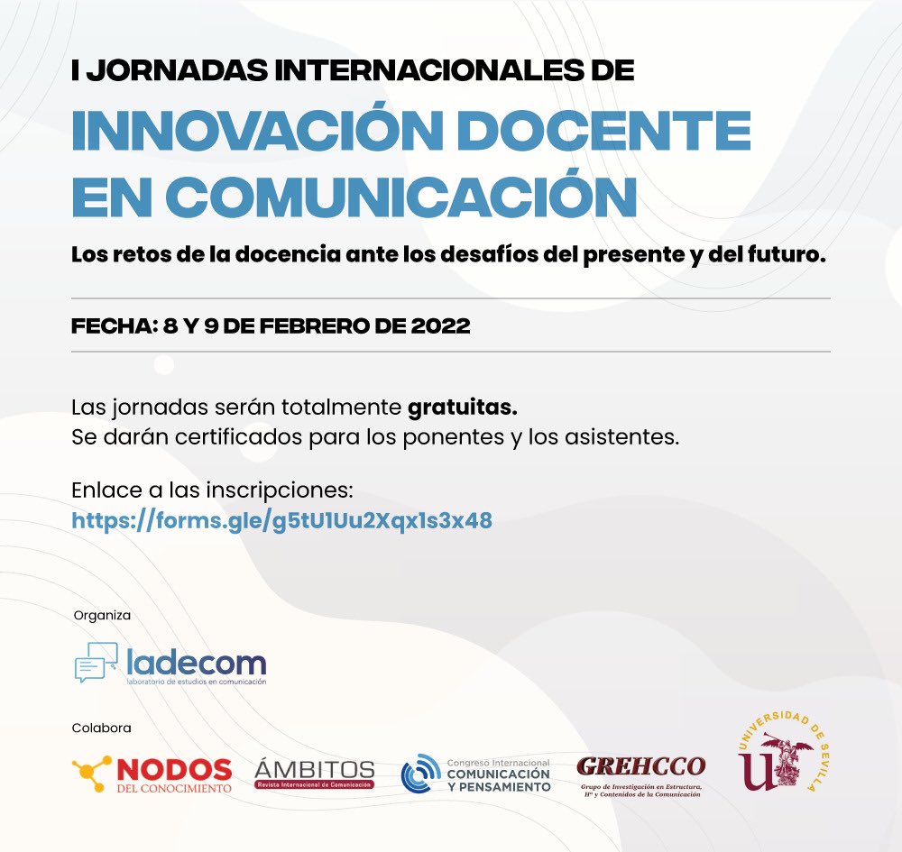 CICYP2022's tweet photo. 📌 ¡ATENCIÓN!

El próximo 8 y 9 de febrero tenemos una cita online en las I Jornadas Internacionales de Innovación Docente en Comunicación que organiza @Ladecom_us.

ℹ️ Próximamente más info.
☑️ Inscripciones https://t.co/2FCZug5MW9 https://t.co/5zrJZWsbU1
