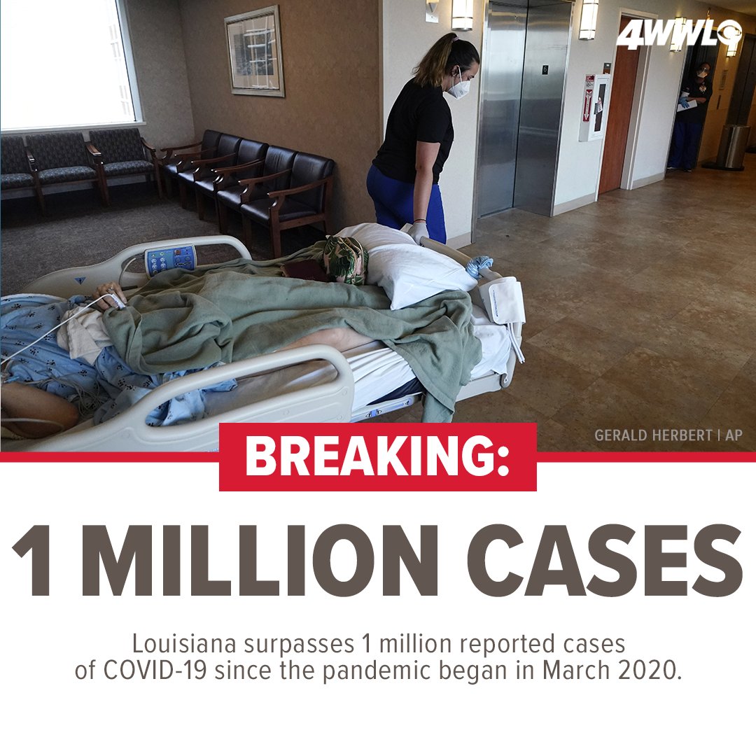 WWLTV's tweet photo. BREAKING: Louisiana has officially surpassed 1 million reported COVID-19 cases since the pandemic began. 

The state reported 29,125 new cases over the weekend. https://t.co/LdZTZWjGI4