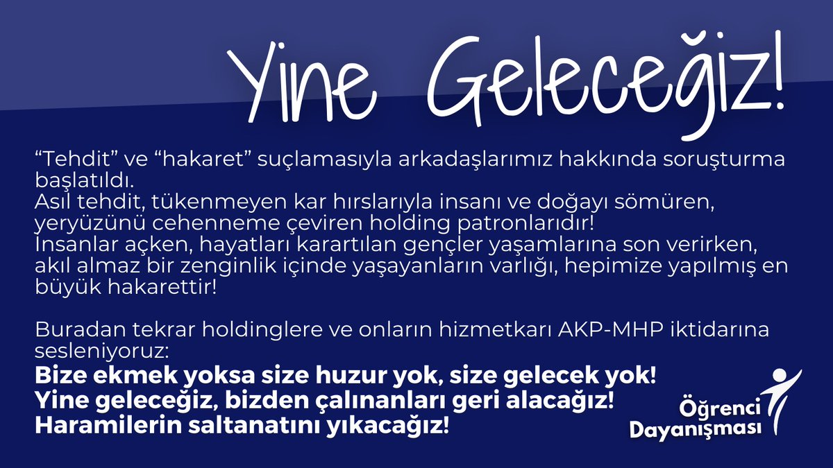 Mehmet Cengiz'e tehdit ve hakaret suçlamasıyla arkadaşlarımıza soruşturma!|

Cengiz Holding, Kolin Holding ve TÜSİAD önünde yaptığımız eylemlerin ardından Mehmet Cengiz’in şikâyeti üzerine arkadaşlarımız tehdit ve hakaret gerekçesiyle ifadeye çağrıldı.

#İncinmişsinCengiz