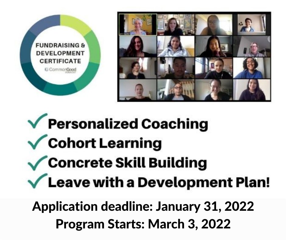 CommonGoodVT's tweet image. What does it take to learn how to be a good fundraiser?
How about: PERSONALIZED COACHING; COHORT LEARNING; APPLYING CONCRETE SKILLS NOW; and an ACTIONABLE PLAN! Apply to the @commongoodvt Fundraising &amp;amp; Development Certificate: tinyurl.com/2khn43vn