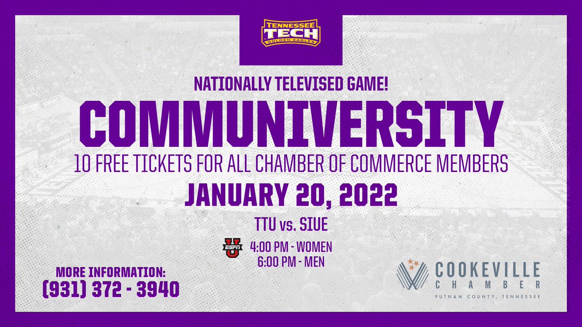 ‼️ COMING UP THURSDAY ‼️

Tennessee Tech Athletics is offering FREE tickets to Chamber members for their nationally televised game! Stop by the TTU Ticket Office to sign for yours!