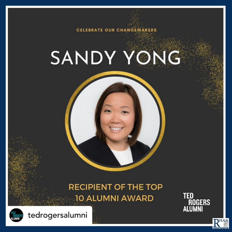 trhaa_tmu's tweet photo. Did you catch this? #TRSMAlumni featured numerous award winners from the #HTMRyerson Program. This is Sandy Yong, who is the recipient of the Top 10 Alumni Award and is a 2009 Alumna! Congratulations Sandy! #RHAA #RHAARyerson #TRSMAwards https://t.co/XBPD9y1oUC