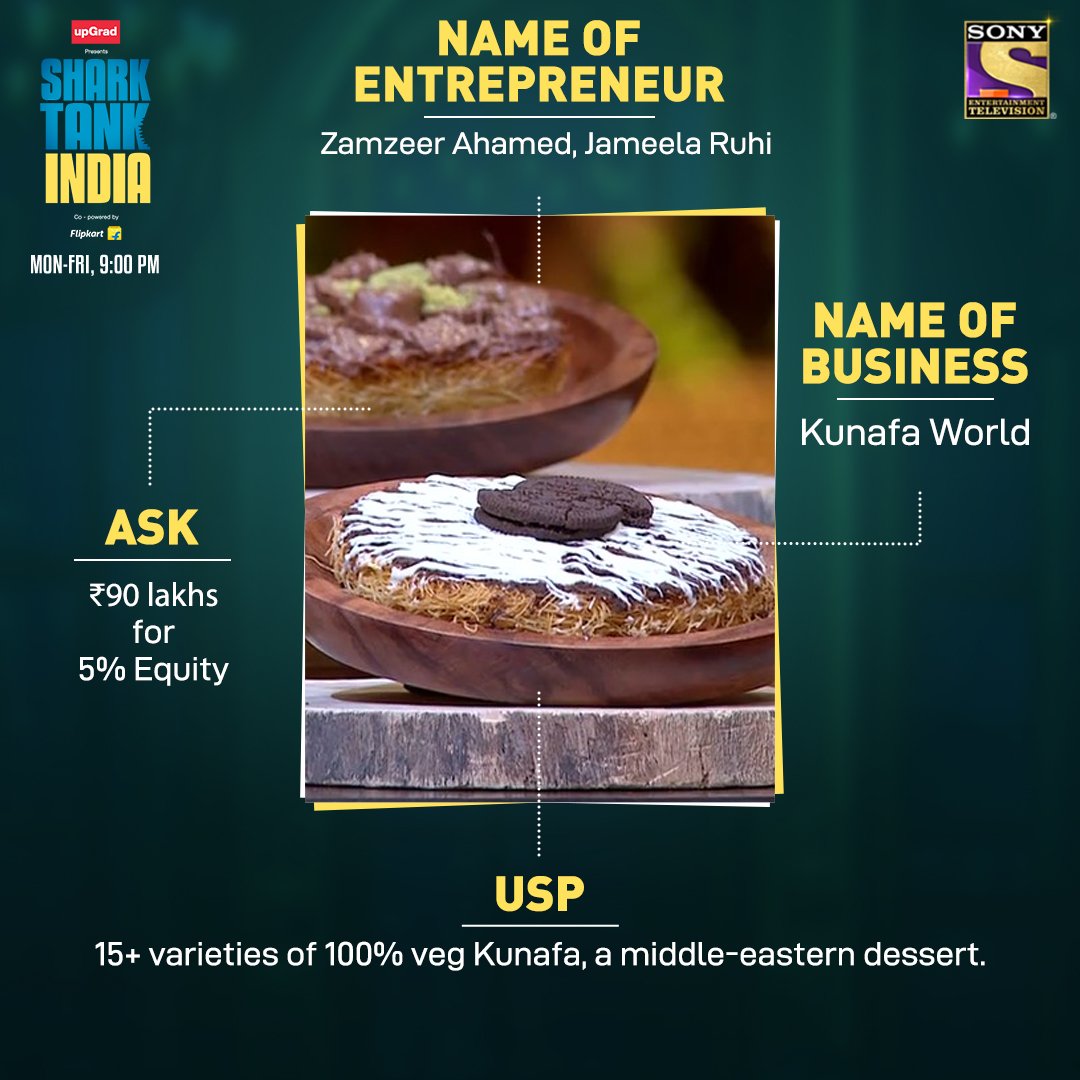 SonyTV's tweet photo. #HumpyA2 and #KunafaWorld  will bring in their pitches, but will they take back an investment? Tune in to #SharkTankIndia, tonight at 9 PM, only on Sony TV! https://t.co/MCbJXheVw0