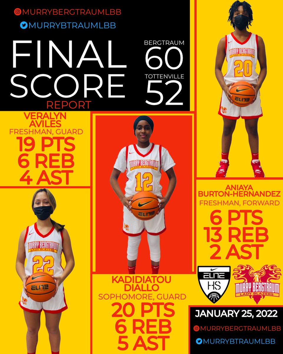 Well earned win against a competitive Tottenville team. We’re learning and growing. 🔴❤️‍🔥🟡

Veralyn Aviles ‘25 ⬇️
 19p, 6r, 4a
Kadidiatou Diallo ‘24 ⬇️
20p, 6r, 5a
Aniaya Burton-Hernandez ‘25 ⬇️
6p, 13r, 2a

<a href="/CoachJNoel/">J. Noel</a> <a href="/NYGHoops/">NYGHoops</a>  

#nike #nikeelitehs #murrybergtraum #psal #nyc