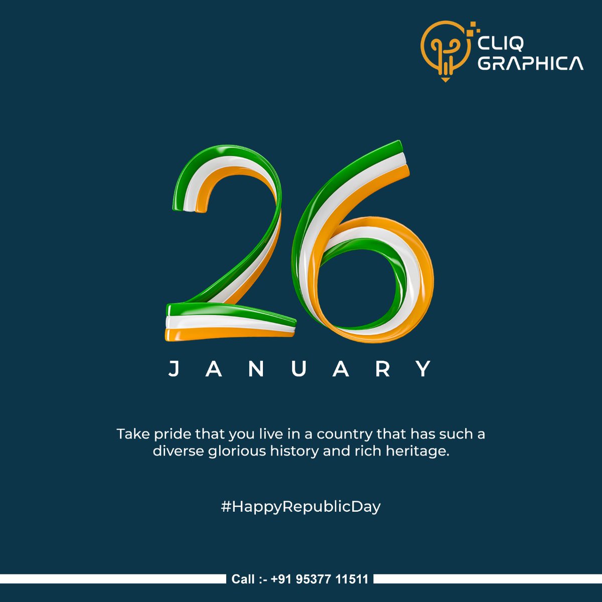 CliqGraphica's tweet image. Happy Republic Day
#happyrepublicday #republicday #republic #26january #gantantradivas #hindustan #india #branding #advertising #socialmediamarketing #socialmedia #brandidentity #graphicdesign #graphics #creativeideas #advertisingagency #advertisement #cliqgraphica #morbi #india