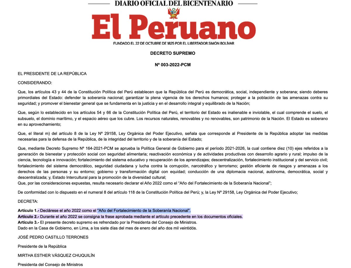 martinhidalgo's tweet photo. Lo más curioso es que el gobierno de #PedroCastillo declaró al 2022 como el “Año del Fortalecimiento de la Soberanía Nacional”. https://t.co/VTOCiATFkk