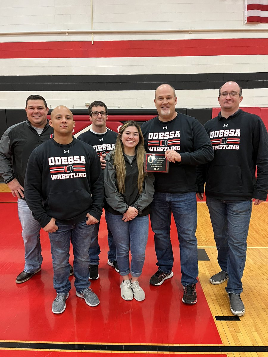heatherjgross's tweet photo. Big night for Odessa Wrestling @HawkDawg_Kirk Gross secured his 150th dual win at Odessa (188 career dual wins ). And he shared it with one of his senior wrestlers, Shon Badder, who secured his 150th high school career win tonight! ❤️🤼‍♂️🖤 https://t.co/JGuWnUgw0z