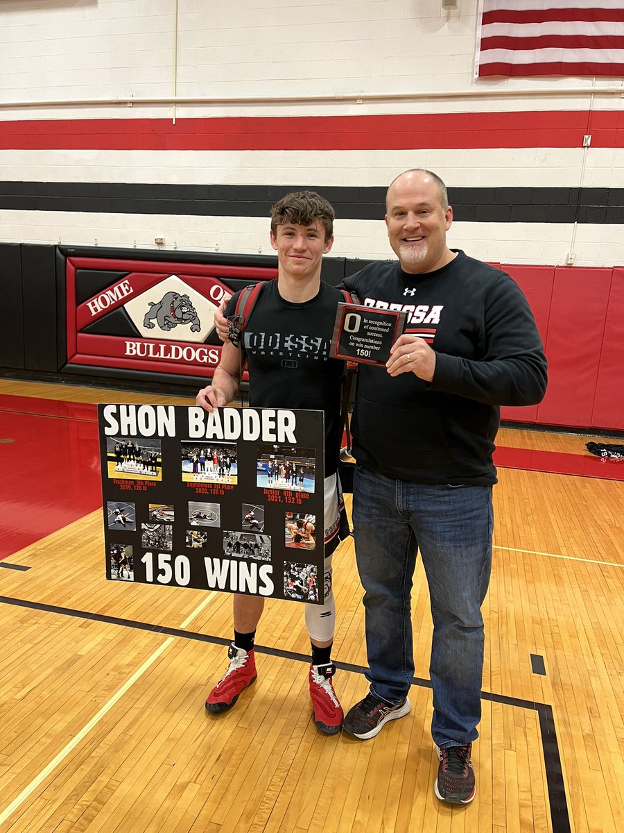 heatherjgross's tweet photo. Big night for Odessa Wrestling @HawkDawg_Kirk Gross secured his 150th dual win at Odessa (188 career dual wins ). And he shared it with one of his senior wrestlers, Shon Badder, who secured his 150th high school career win tonight! ❤️🤼‍♂️🖤 https://t.co/JGuWnUgw0z