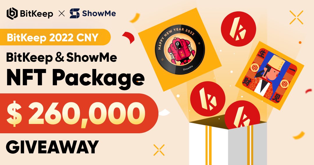 BitgetWallet's tweet photo. 🎊The #BitKeep 2022 CNY #NFT Gift Pack event is live. Today's package is #BitKeep &amp; 
@ShowMeNFT CNY NFT Blind Box.

🔥Complete tasks to share special CNY Jackpot Blind Boxes worth 260,000 #USDT + 100,000 #BKB

🥳Come to get #NFTs &amp; #BKB every day.
#ChineseNewYear2022 https://t.co/y1qfmkiVF3