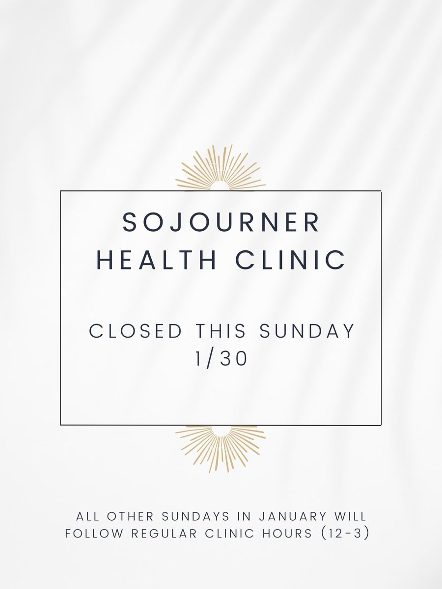 SojournerUMKC's tweet photo. This Sunday’s clinic will be closed and we will resume the following weekend, 2/6. Stay safe and warm! https://t.co/NVMcuLFwjX