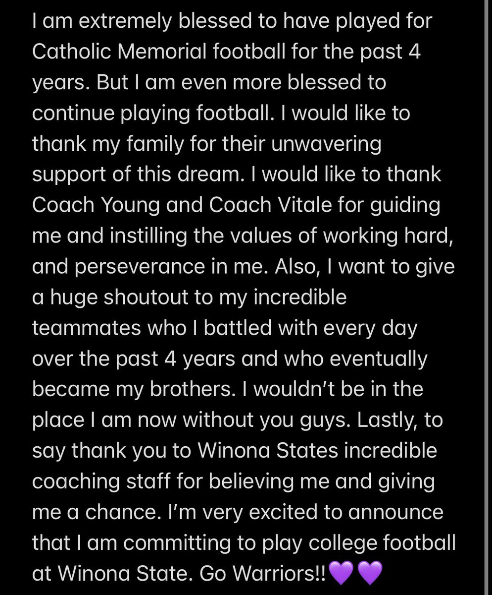 Committed!! <a href="/WinonaStateFB_/">Winona State Football</a> <a href="/CoachMattUlrich/">Coach-Matt Ulrich</a> <a href="/CoachHoltzclaw/">Joe Holtzclaw</a> <a href="/Coach_Bergy/">Brian Bergstrom</a> <a href="/n_vitale12/">Nick Vitale</a> <a href="/cmhfootball/">CMH Football</a> #GGT #ἢτὰνἢἐπὶτᾶς