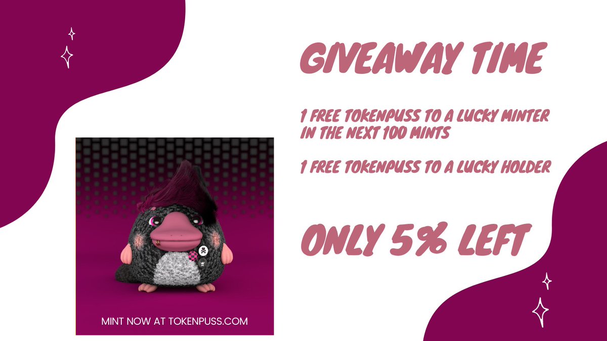 tokenpuss's tweet photo. 95% Minted! Wow🚀

We're giving away 1 tokenpuss to a lucky minter in the next 100 mints (starts at 5265) &amp; 1 to a lucky holder (the more you have, the more chances of winning)

To participate follow @tokenpuss, join our discord, retweet &amp; tag 3 friends!

https://t.co/oclOAnKVao https://t.co/UBito6o0V4